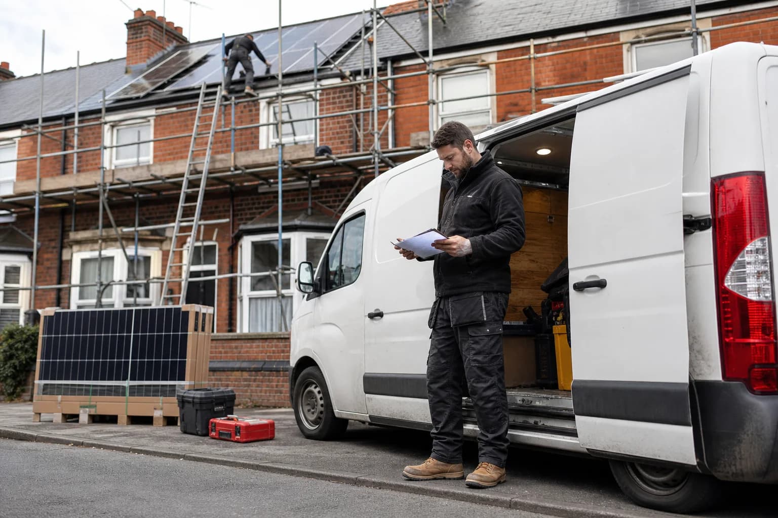 Solar installer reviewing job paperwork beside a work van and scaffolded British home